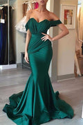 Vestido de Noche Largo de Satén Verde Oscuro Tipo Sirena con Hombros Descubiertos