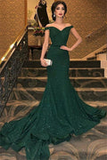 Vestido de noche largo sirena de tirantes caídos color verde oscuro
