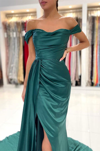 Dark Green Off-the-Shoulder Ruffles Mermaid Long Prom Dress with Split