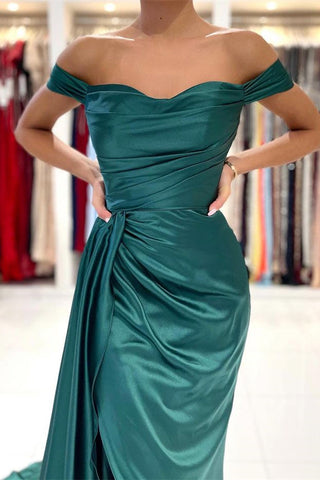 Dark Green Off-the-Shoulder Ruffles Mermaid Long Prom Dress with Split