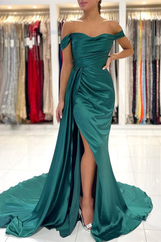 Dark Green Off-the-Shoulder Ruffles Mermaid Long Prom Dress with Split