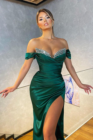 Dark Green Off-the-Shoulder Mermaid Long Evening Dress with Split