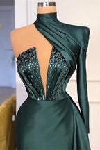 Dark Green One Shoulder Long High Neck Satin Evening Dresses with Sleeves