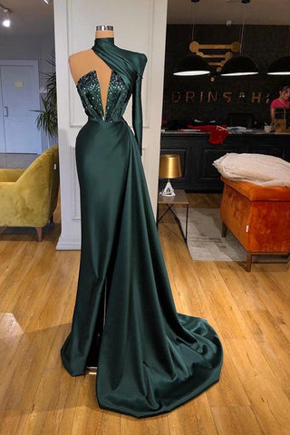Dark Green One Shoulder Long High Neck Satin Evening Dresses with Sleeves