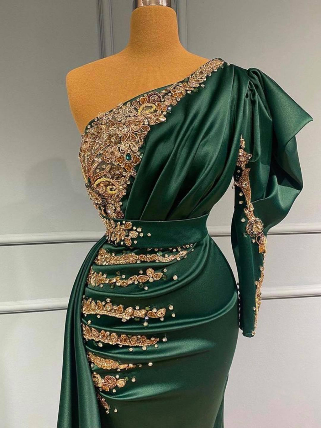 Dark Green Long One Shoulder Mermaid Satin Evening Dress