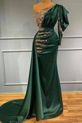 Vestido de Noche Largo de Sirena en Satin Verde Oscuro con un Solo Hombro