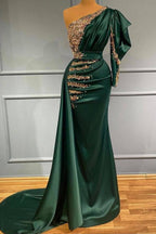 Dark Green Long One Shoulder Mermaid Satin Evening Dress