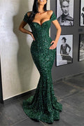 Vestidos de Noche Largos Verde Oscuro Manga Descubierta con Lentejuelas