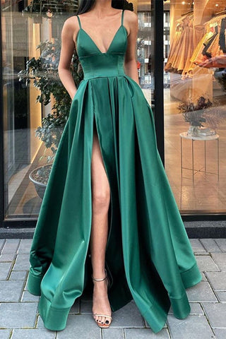 Dark Green Long A-line V-neck Satin Front Slit Prom Dress with Pockets