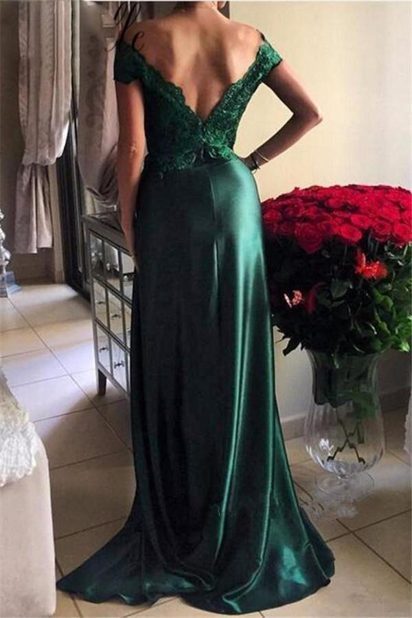 Vestidos de baile verde-escuro com decote ombro a ombro e racha PSK172