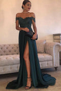 Dunkelgrüne Ballkleider Schulterfreies Abendkleid mit Schlitz PSK172