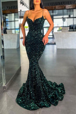 Dark Green Sequin Mermaid Long Sweetheart Evening Dresses