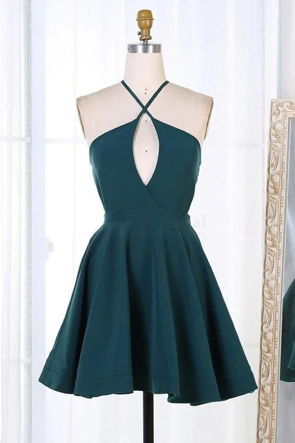 Dunkelgrünes Kurzes Satin-Heimkehrkleid Partykleider PD301