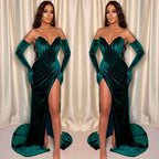 Dark Green Sleeveless Front Split Mermaid V-Neck Velvet Evening Dress