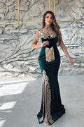 Vestido de Noche Sirena Verde Oscuro Sin Mangas con Escote en V y Aplicación, con Falda Desmontable