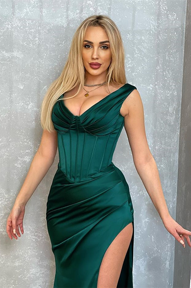 Dark Green Long Satin Sleeveless V-Neck Mermaid Evening Dress with Split