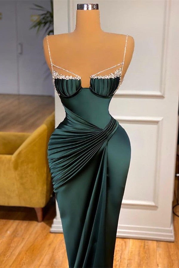 Dark Green Spaghetti Straps Mermaid Satin Long Evening Dresses