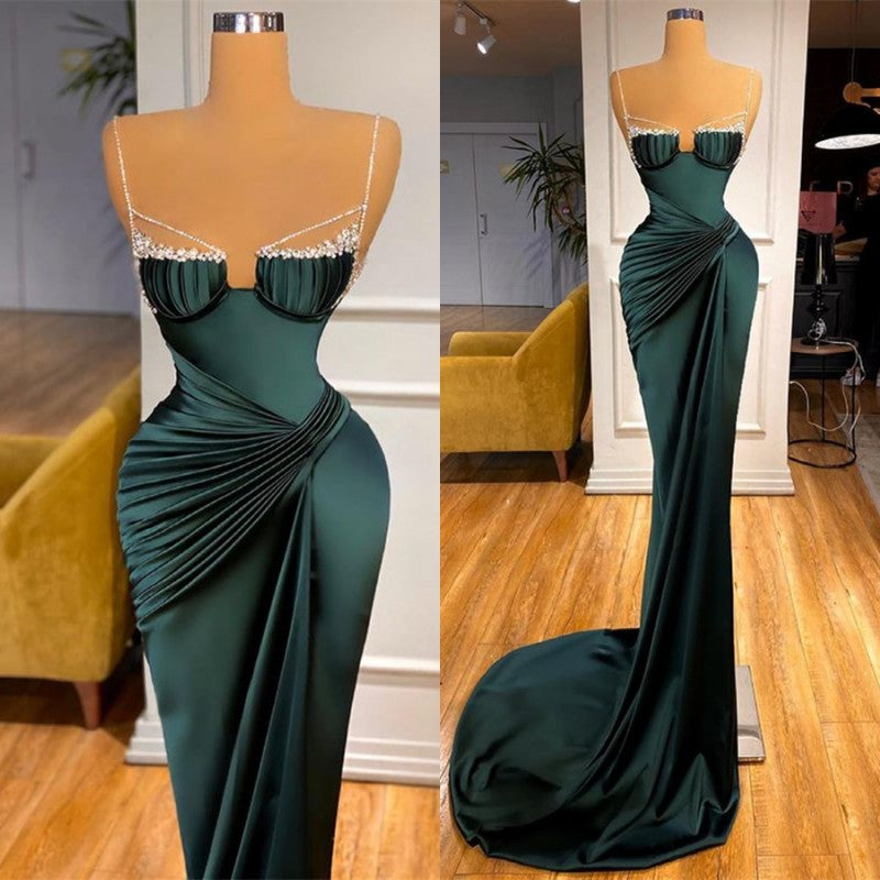 Dark Green Spaghetti Straps Mermaid Satin Long Evening Dresses