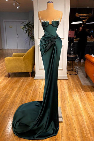 Dark Green Spaghetti Straps Mermaid Satin Long Evening Dresses