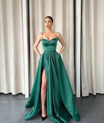 Spaghetti Straps V-Neck Long A-Line Satin Front Slit Prom Dress with Pockets