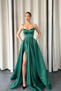 Vestido de fiesta largo con tirantes de espagueti, escote en V, corte princesa, satinado, abertura frontal y bolsillos