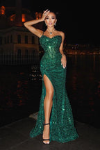 Vestidos de festa compridos verde-escuro brilhantes, estilo sereia, com lantejoulas e racha