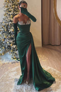 Vestido de Fiesta Largo de Sirena Sin Tirantes con Abertura Frontal en Verde Oscuro e Incluye Guantes