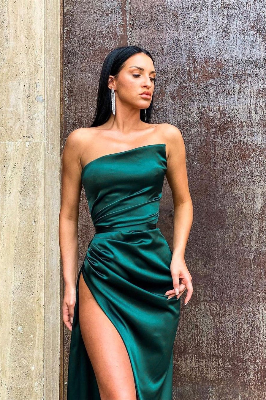 Dark Green Split Long Mermaid Strapless Evening Dress with Split