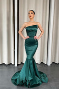Vestido de Noche Largo de Sirena Sin Tirantes en Satén Verde Oscuro