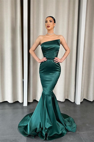 Dark Green Satin Strapless Mermaid Long Evening Dress