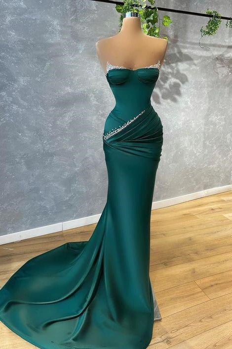 Vestido de noite comprido verde escuro, sem alças, estilo sereia, em cetim, com missangas