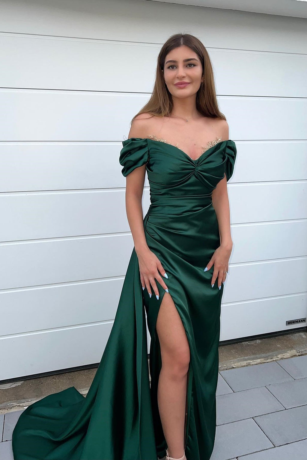 Dark Green Long Off the Shoulder Satin Sweetheart Mermaid Prom Dress with Front Split