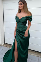 Dark Green Long Off the Shoulder Satin Sweetheart Mermaid Prom Dress with Front Split