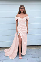 Dark Green Long Off the Shoulder Satin Sweetheart Mermaid Prom Dress with Front Split