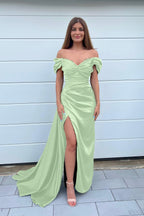 Dark Green Long Off the Shoulder Satin Sweetheart Mermaid Prom Dress with Front Split