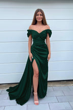 Dark Green Long Off the Shoulder Satin Sweetheart Mermaid Prom Dress with Front Split