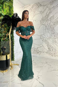 Vestido de fiesta largo verde oscuro con escote corazón, hombros descubiertos, lentejuelas y aplicaciones