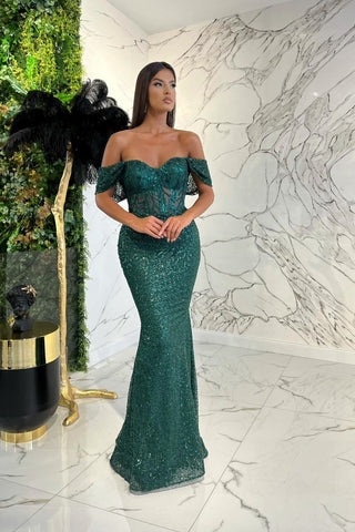 Dark Green Long Sweetheart Sequins Off-The-Shoulder Prom Dress with Appliques
