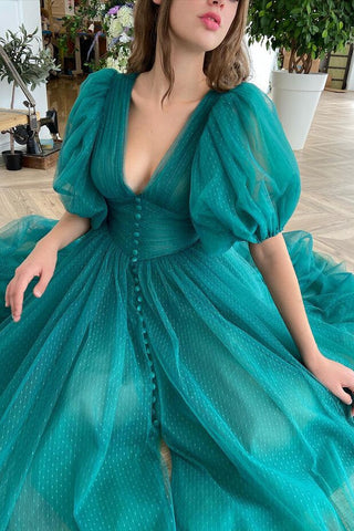 Dark Green Short Sleeves A-Line V-Neck Tulle Evening Dress with Pockets