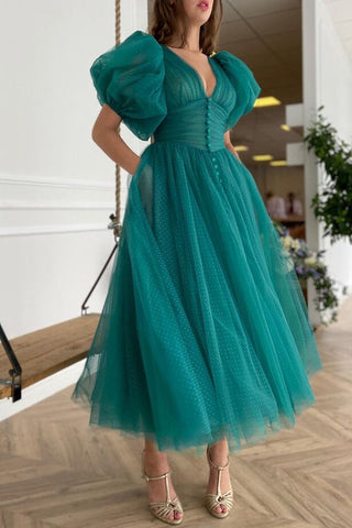 Dark Green Short Sleeves A-Line V-Neck Tulle Evening Dress with Pockets