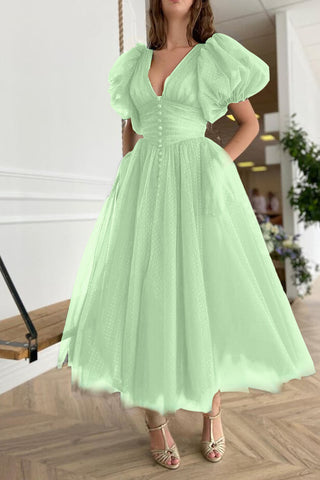 Dark Green Short Sleeves A-Line V-Neck Tulle Evening Dress with Pockets