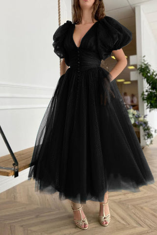 Dark Green Short Sleeves A-Line V-Neck Tulle Evening Dress with Pockets