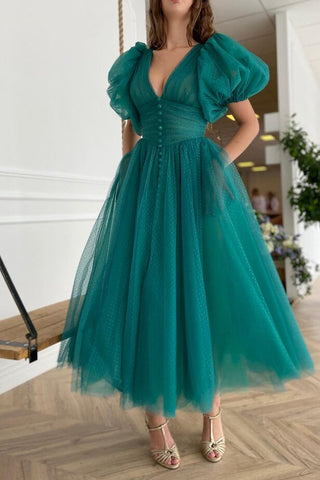 Dark Green Short Sleeves A-Line V-Neck Tulle Evening Dress with Pockets