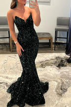 Dark Green V-Neck Long Mermaid Formal Prom Dress with Sequins