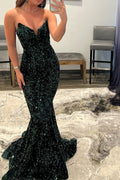 Vestido de Gala Largo de Sirena con Escote en V y Lentejuelas en Verde Oscuro