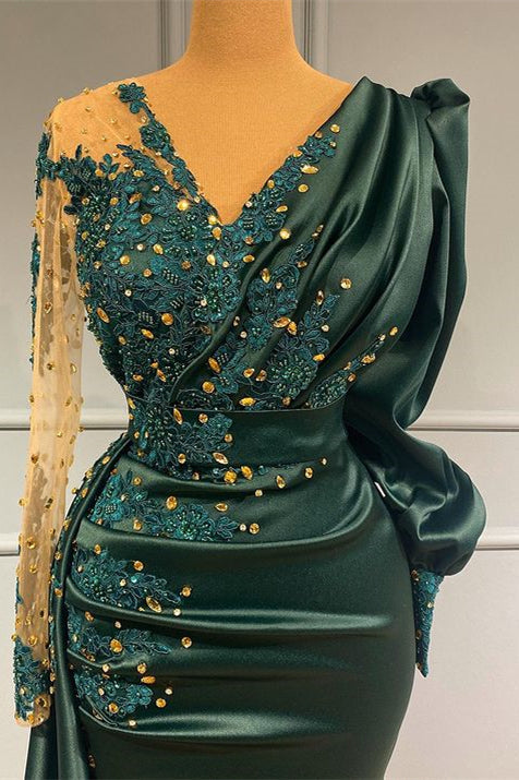 Dark Green V-Neck Long Sleeves Satin Evening Dress with Lace Appliques