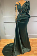Dark Green V-Neck Long Sleeves Satin Evening Dress with Lace Appliques