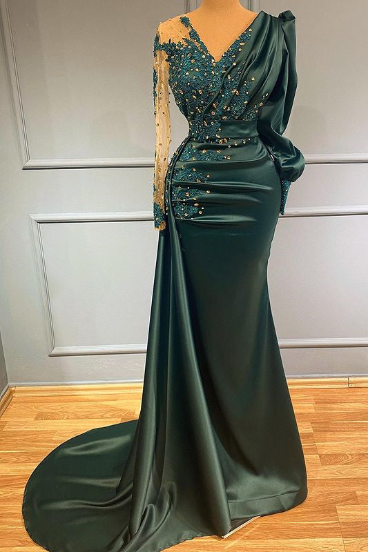 Dark Green V-Neck Long Sleeves Satin Evening Dress with Lace Appliques