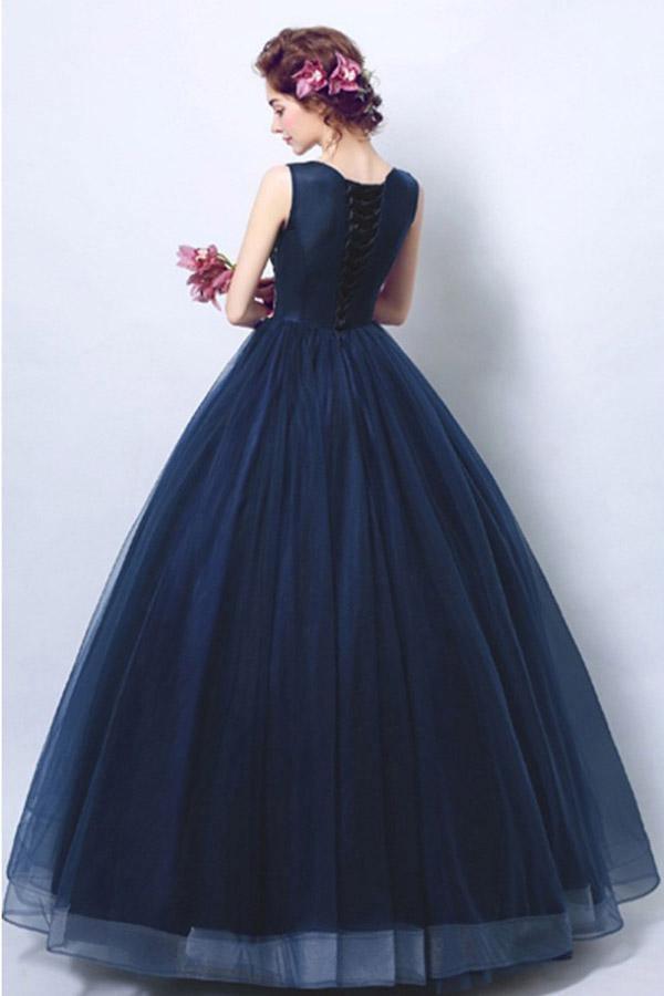 Dunkelmarineblaues Ballkleid mit Applikationen PG698