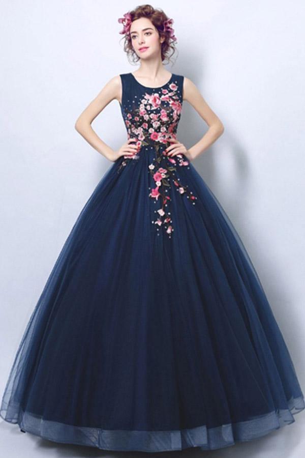 Dunkelmarineblaues Ballkleid mit Applikationen PG698